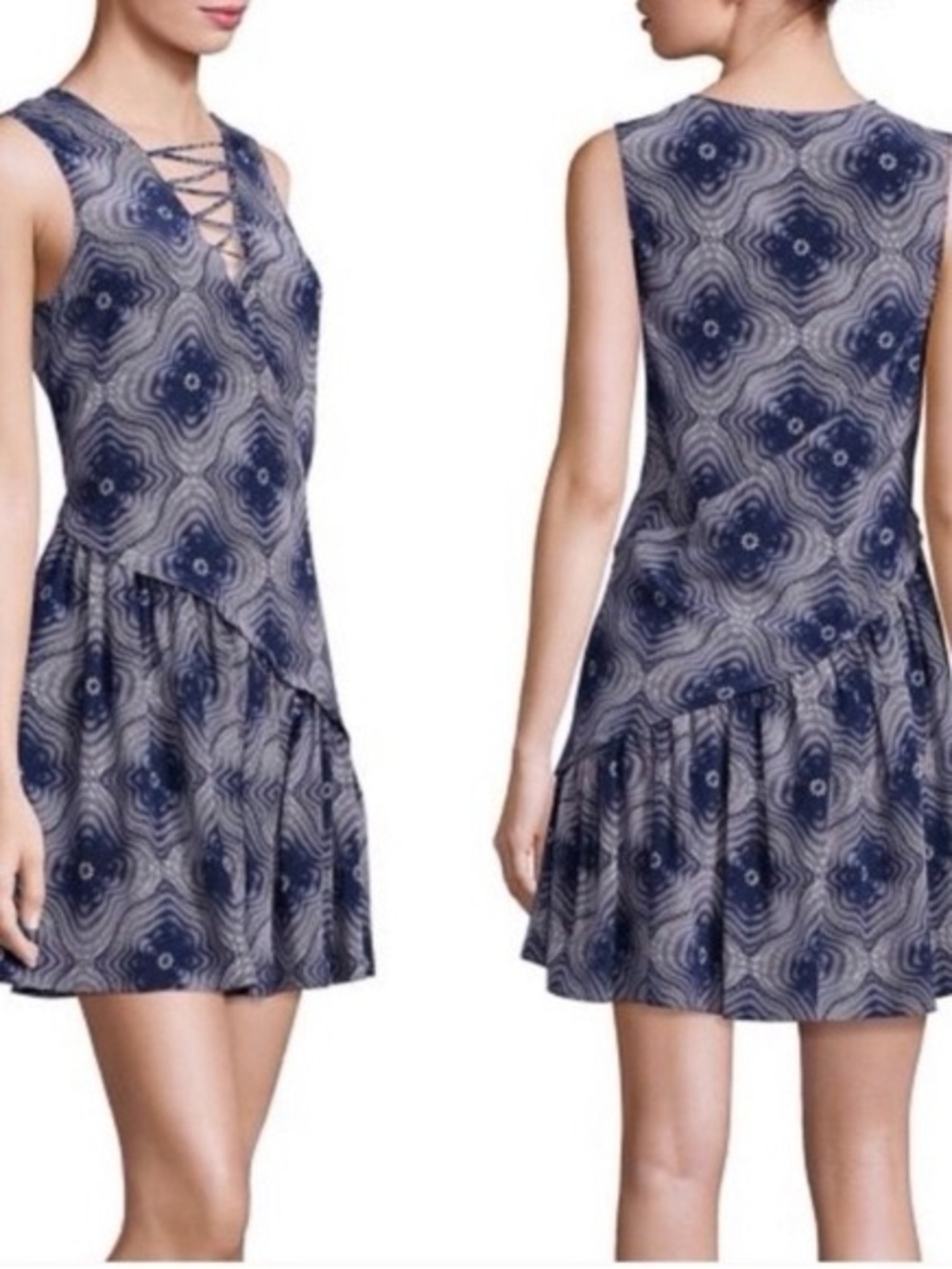 Opening Ceremony | 100% Silk | Lace-Up | Mini Dress | Navy Print